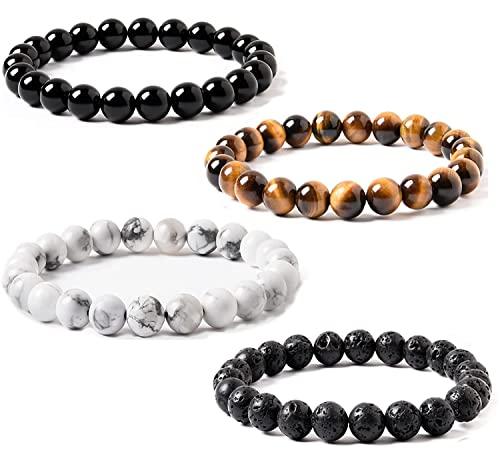 4-Piece Tiger Eye and Lava Stone Bracelet Set - Black and White Color Combo
