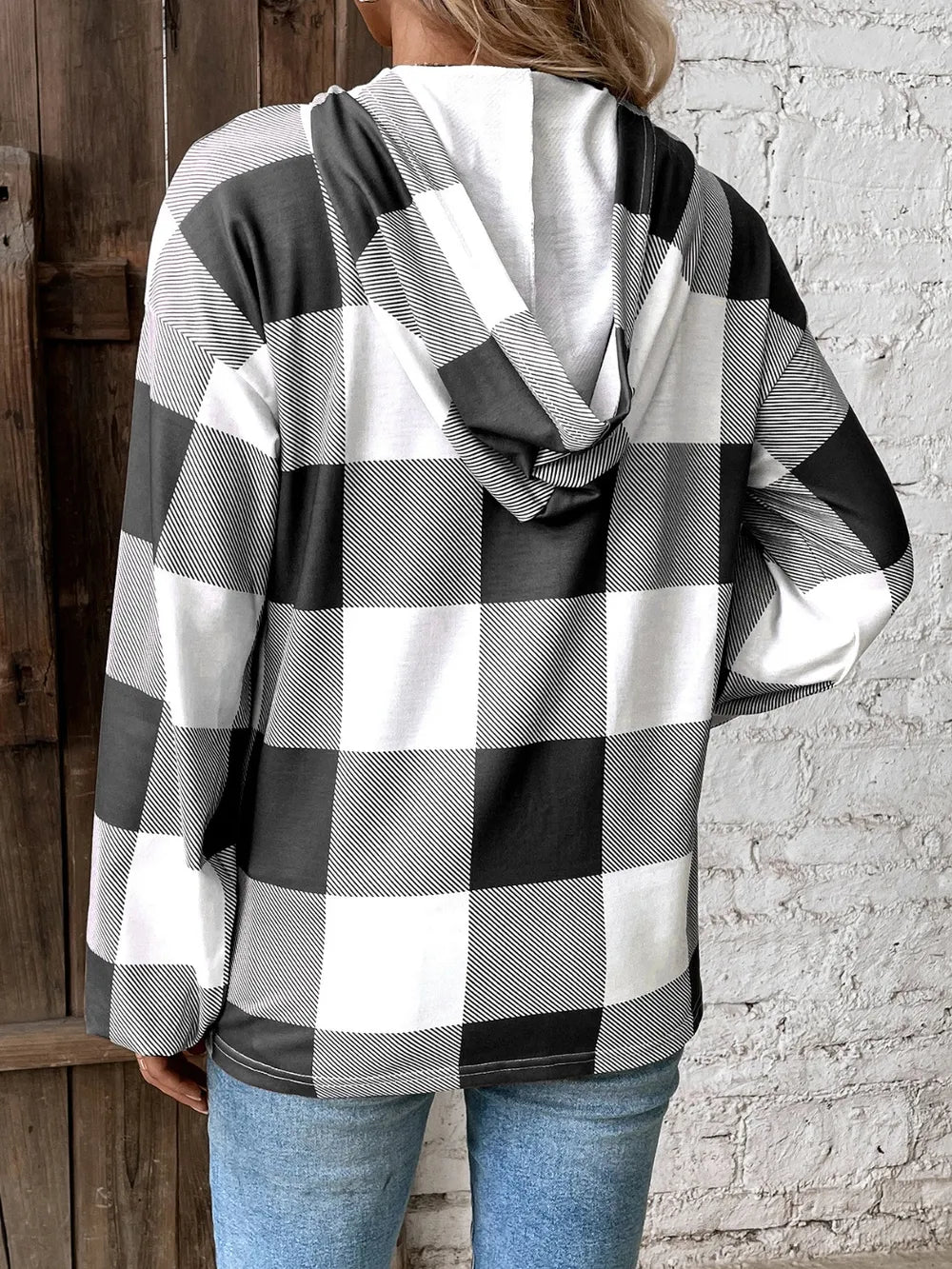 Plaid Long Sleeve Hoodie with Dropped Shoulders - 100% Polyester, Opaque, Machine Washable