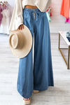 Drawstring Elastic Waist Wide Leg Jeans Medium
