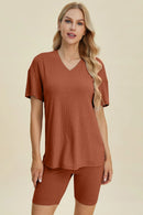 Basic Bae Full Size Ribbed V-Neck Short Sleeve Top and Shorts Set Caramel