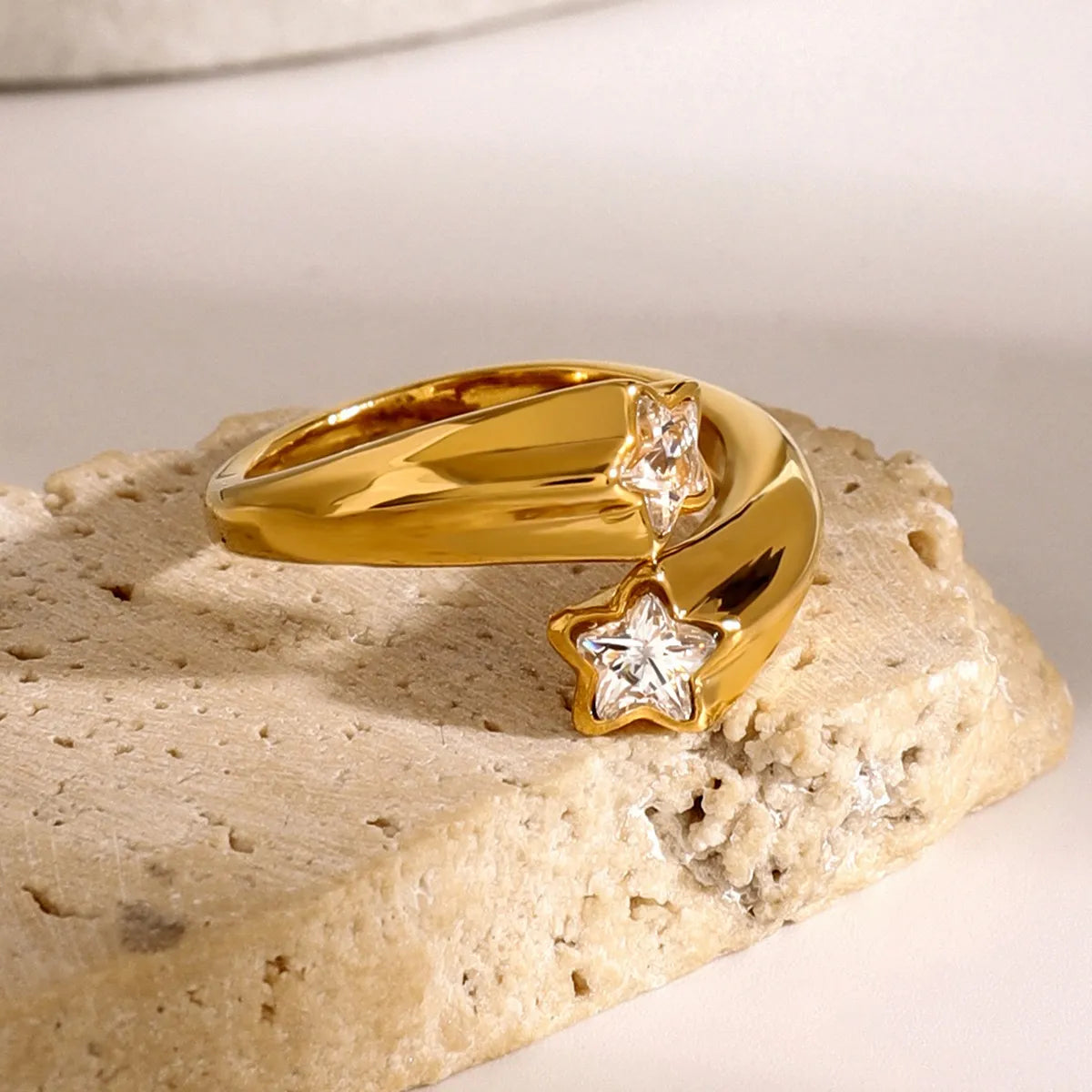 Gold Adjustable Star Crystal Ring with Zircon Accent Stones - Elegant Stainless Steel Jewelry