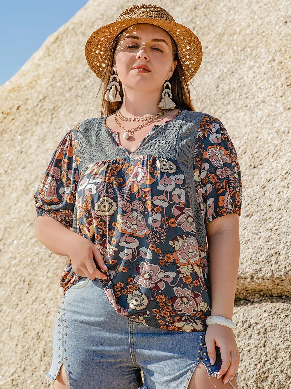 Plus Size Sheer Printed Blouse with Notched Half Sleeves - Viscose Casual Top