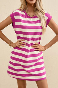 Stripe Cap Sleeve Pocketed Shift Tee Dress