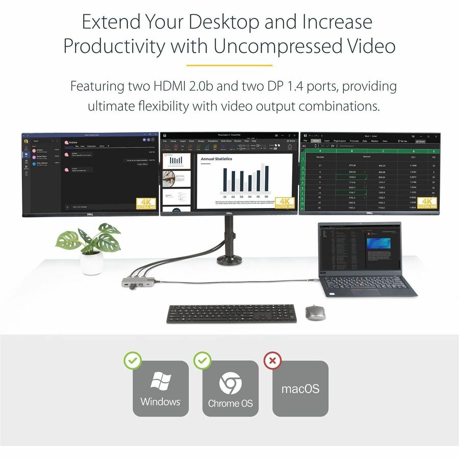 StarTech.com USB-C Triple-Monitor Multiport Adapter, HDMI & DisplayPort, 3x 10Gbps USB Hub, PD Pass-Through, GbE, Travel Docking Station