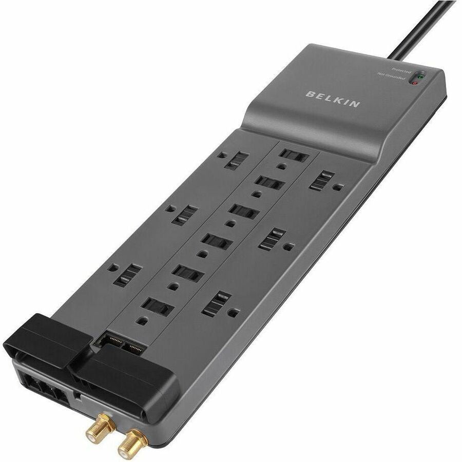 Belkin 12-Outlet Surge Protector - 8ft Cord - Right Angle Plug - 4120J - Telephone, Coaxial Protection - Grey (3-pack)