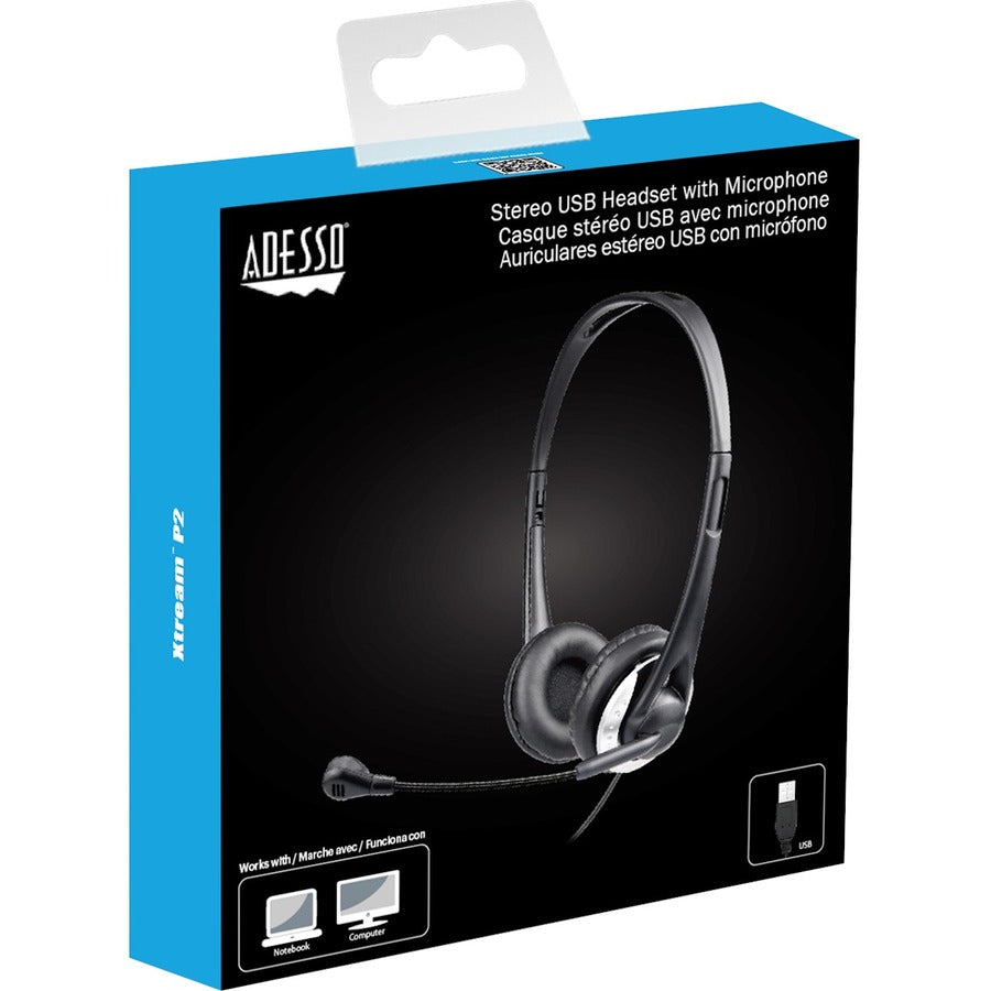 Adesso Xtream P2 USB Wired Stereo Headset - Noise Cancelling Microphone, 6 Ft Cable, Over-the-Head Design