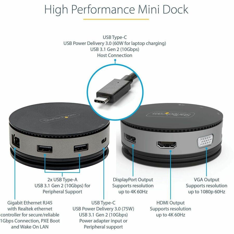 StarTech.com USB C Multiport Adapter - USB Type-C 10Gbps Mini Dock 4K 60Hz HDMI/DisplayPort/1080p VGA - 75W PD Passthrough, USB Hub & GbE
