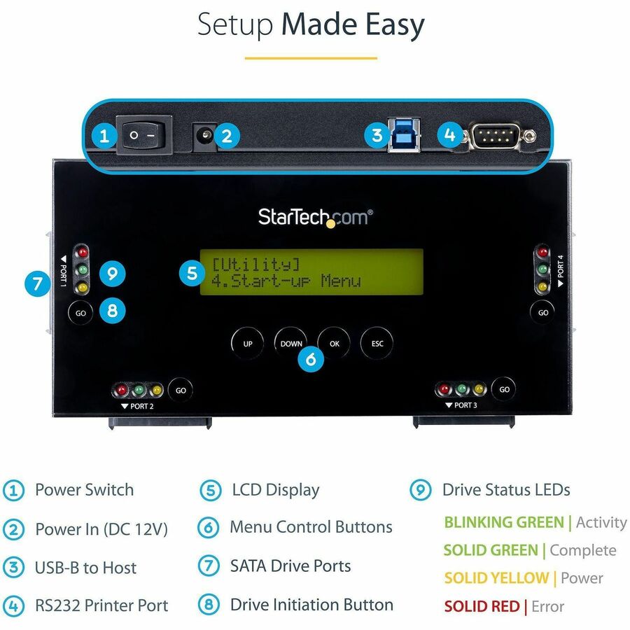StarTech.com 4 Bay SSD/HDD Hard Drive Eraser, 2.5/3.5" SATA, Standalone Wiper, Disk Sanitizer, Hardware Wiper Erasing Tool, NIST/DOD/TAA