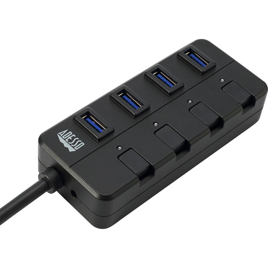Adesso 4-Port USB 3.0 Hub with Individual Power Switches & LED Indicators - Portable & Fast Data Transfer