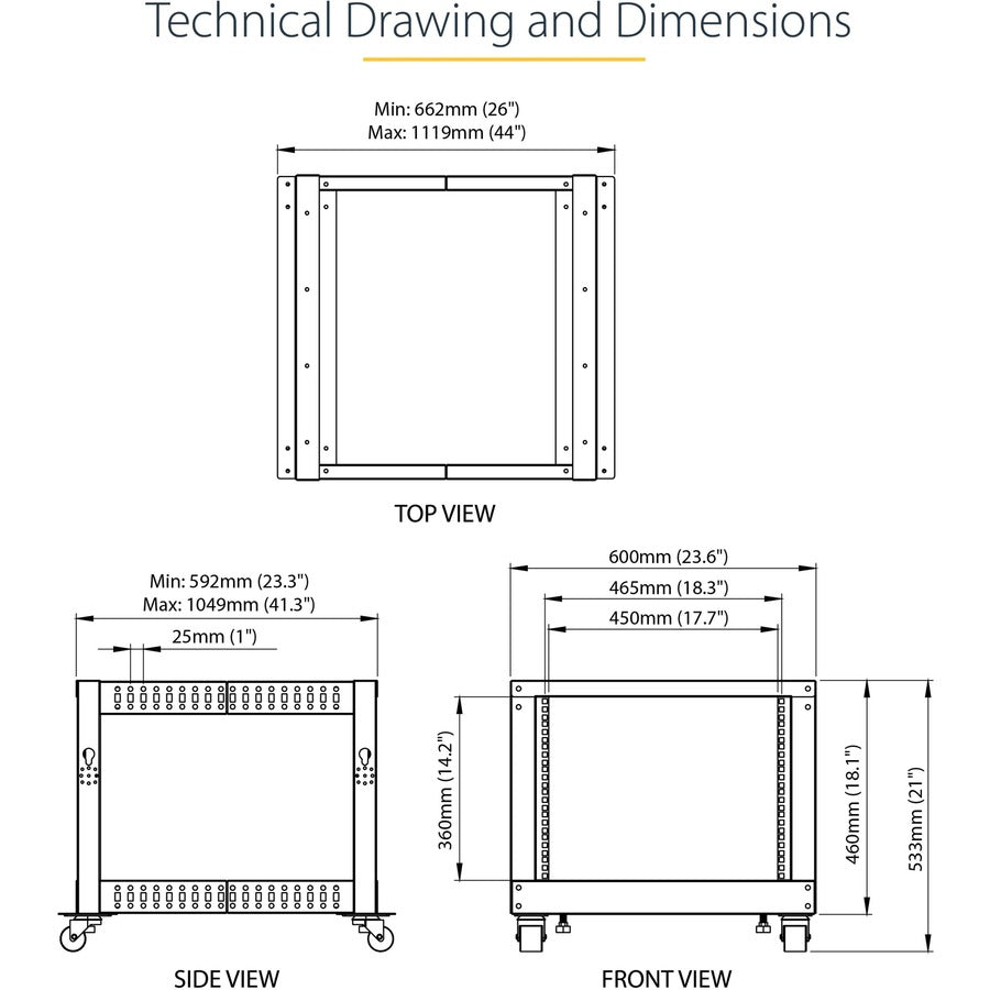 StarTech.com 4-Post 8U Mobile Open Frame Server Rack, 19in Network Rack with Casters, Small Rolling Rack for Computer/AV/Data/IT Equipment