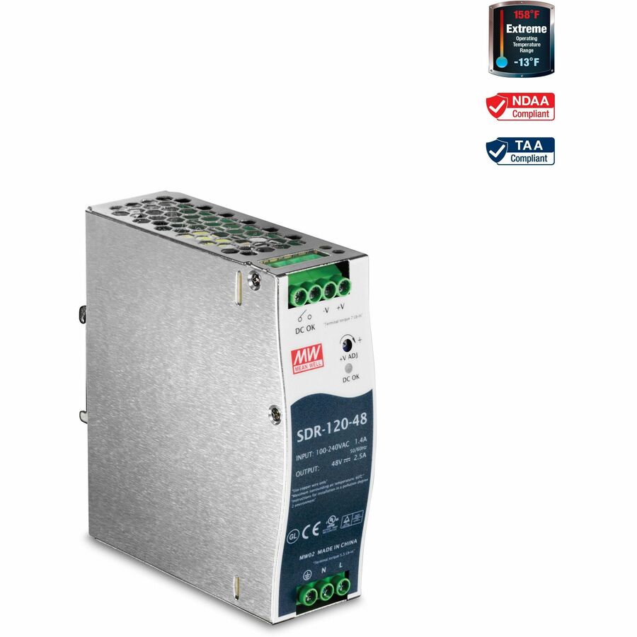 TRENDnet TI-S12048 120W Industrial DIN-Rail Power Supply, -25 to 70°C, Active PFC, Overload Protection