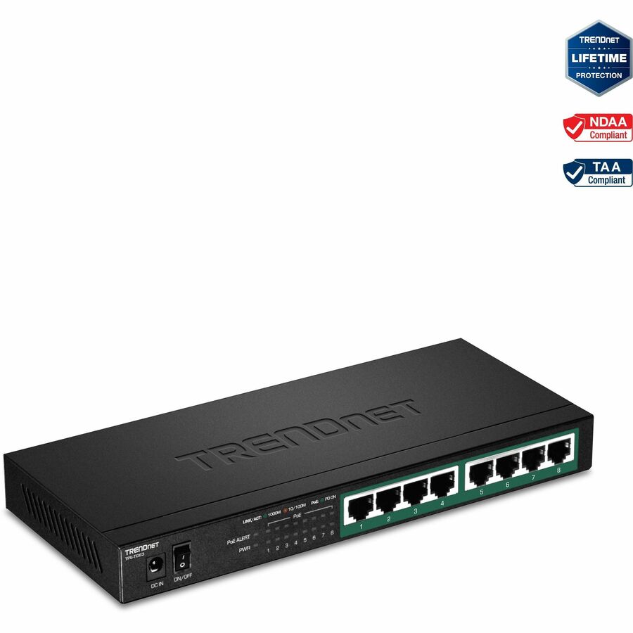 TRENDnet 8-Port Gigabit PoE+ Switch, 65W Power Budget, 16Gbps Capacity, Fanless, NDAA Compliant