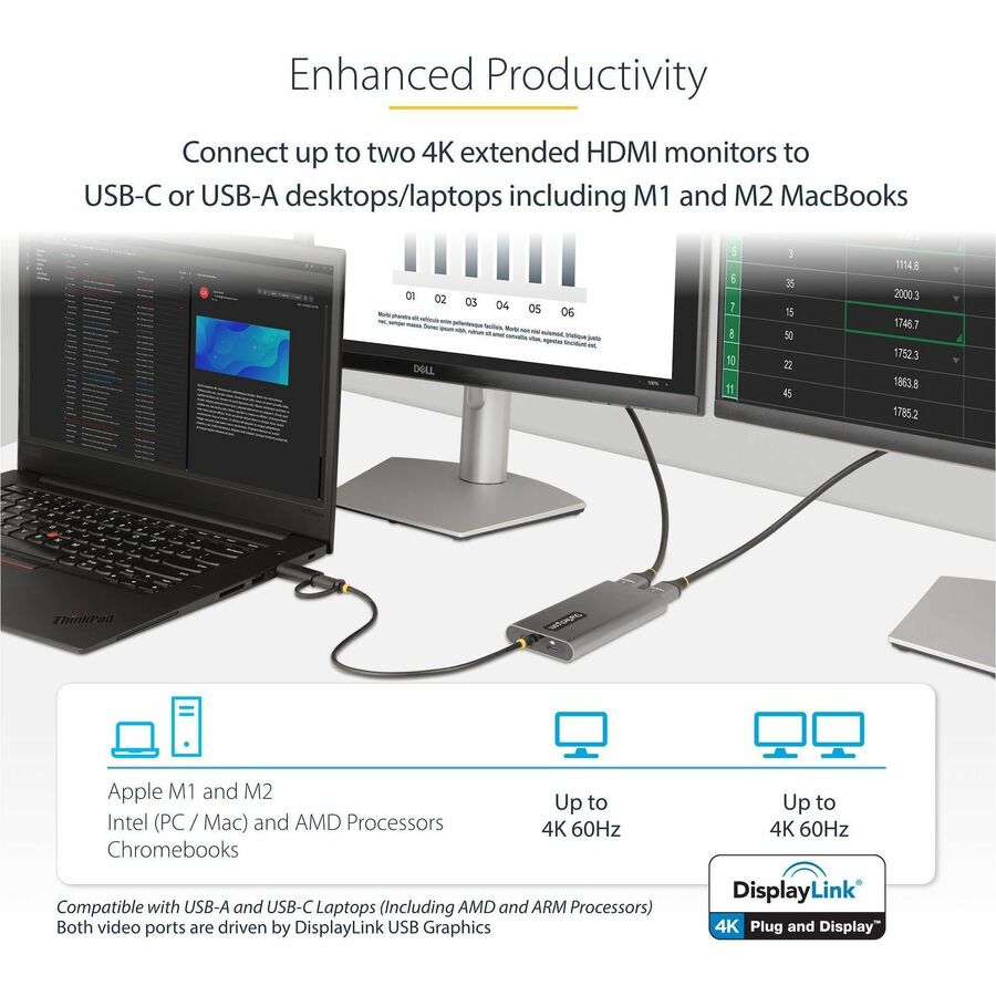 StarTech.com USB-C to Dual-HDMI Adapter, USB-C/A to 2x HDMI, 4K 60Hz, 100W PD Pass-Through, 1ft/30cm Built-in Cable, USB to HDMI Converter