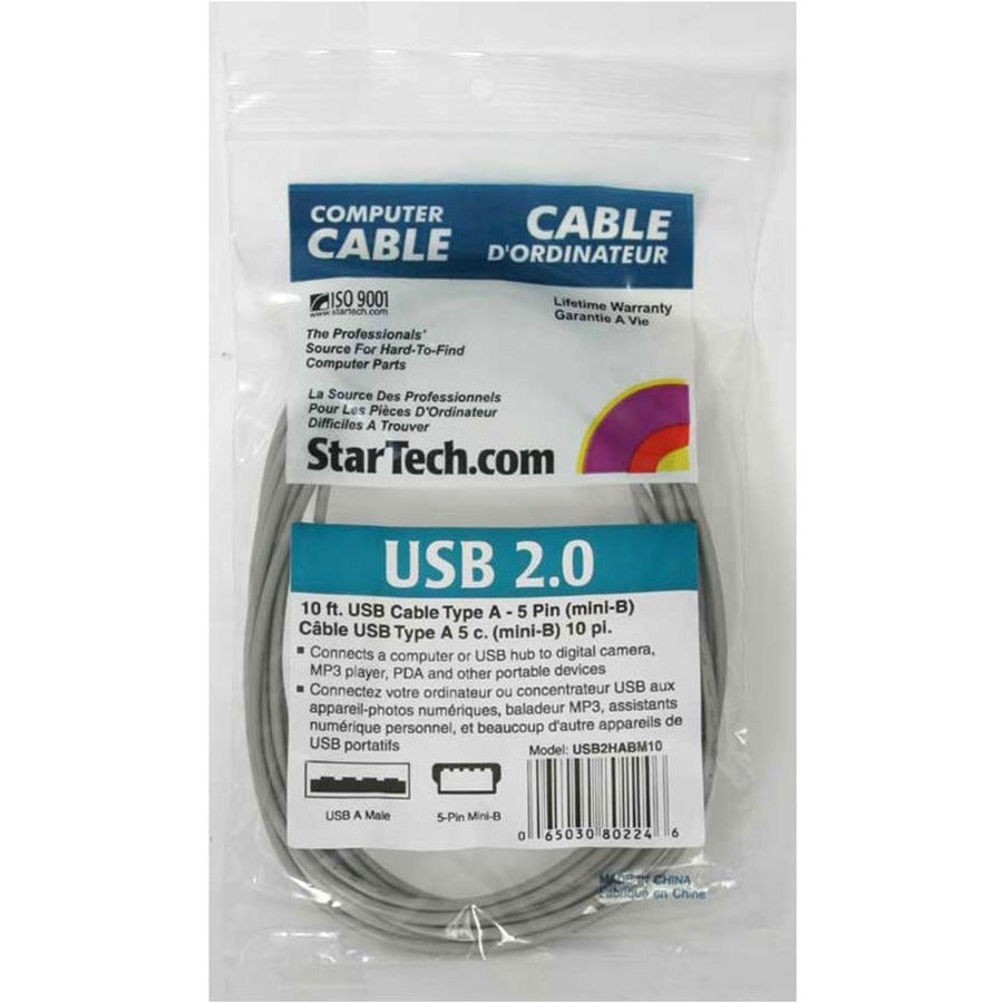 StarTech 10 Ft USB A to Mini B 2.0 Cable for High-Speed Data Transfer Up to 480Mbps, Ideal for Cameras & MP3 Players