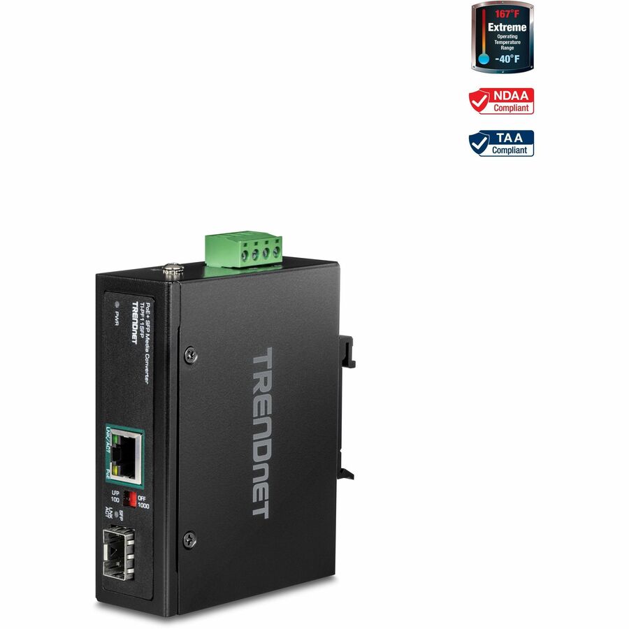 TRENDnet Industrial SFP to Gigabit PoE+ Media Converter, -40° to 75°C Range, IP30 Rated, TI-PF11SFP