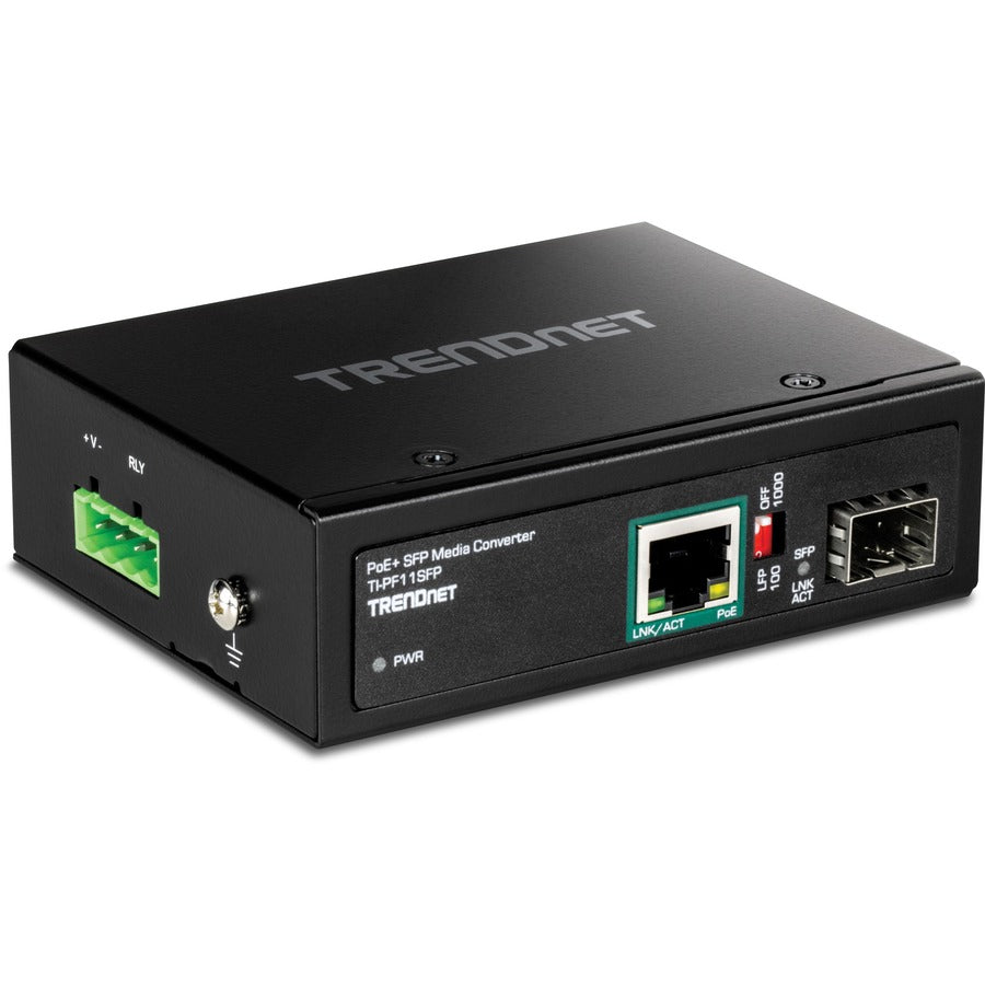 TRENDnet Industrial SFP to Gigabit PoE+ Media Converter, -40° to 75°C Range, IP30 Rated, TI-PF11SFP