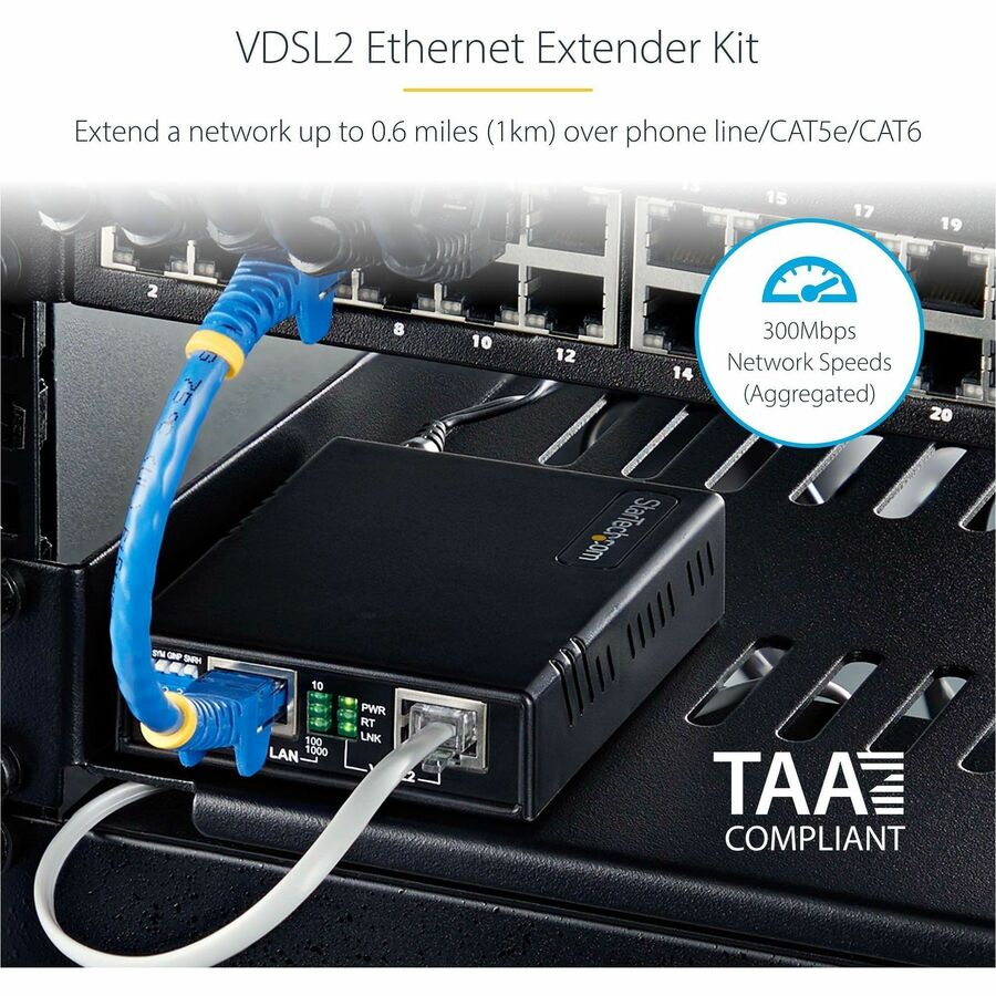 StarTech.com VDSL2 Ethernet Extender Kit over Single Pair Wire, Up to 0.6mi (1km) LAN Repeater over RJ11/CAT5e/CAT6, Replaces 110VDSLEXT