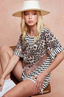 BiBi Stripe Rayon Span Knit Color Block Top With Leopard - Store 42