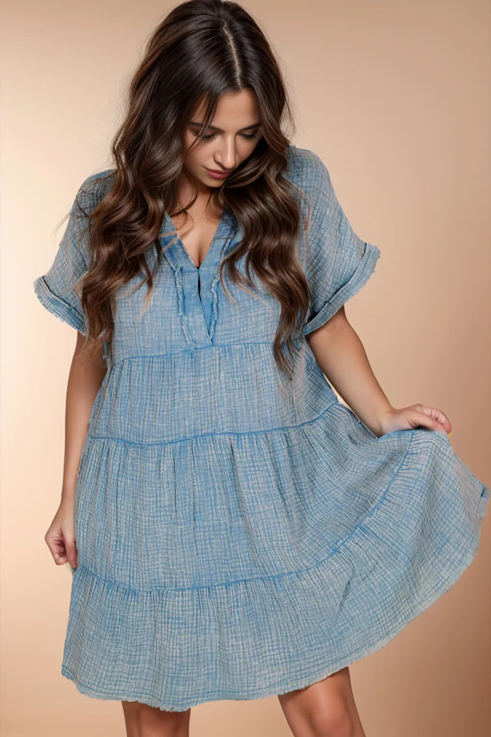 Women's Tiered Notched Short Sleeve Dress – Opaque, 100% Cotton, Classic Comfort