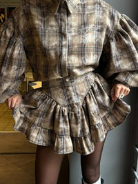 Lantern Sleeve Shirt and Ruffled Skirt Set Beige