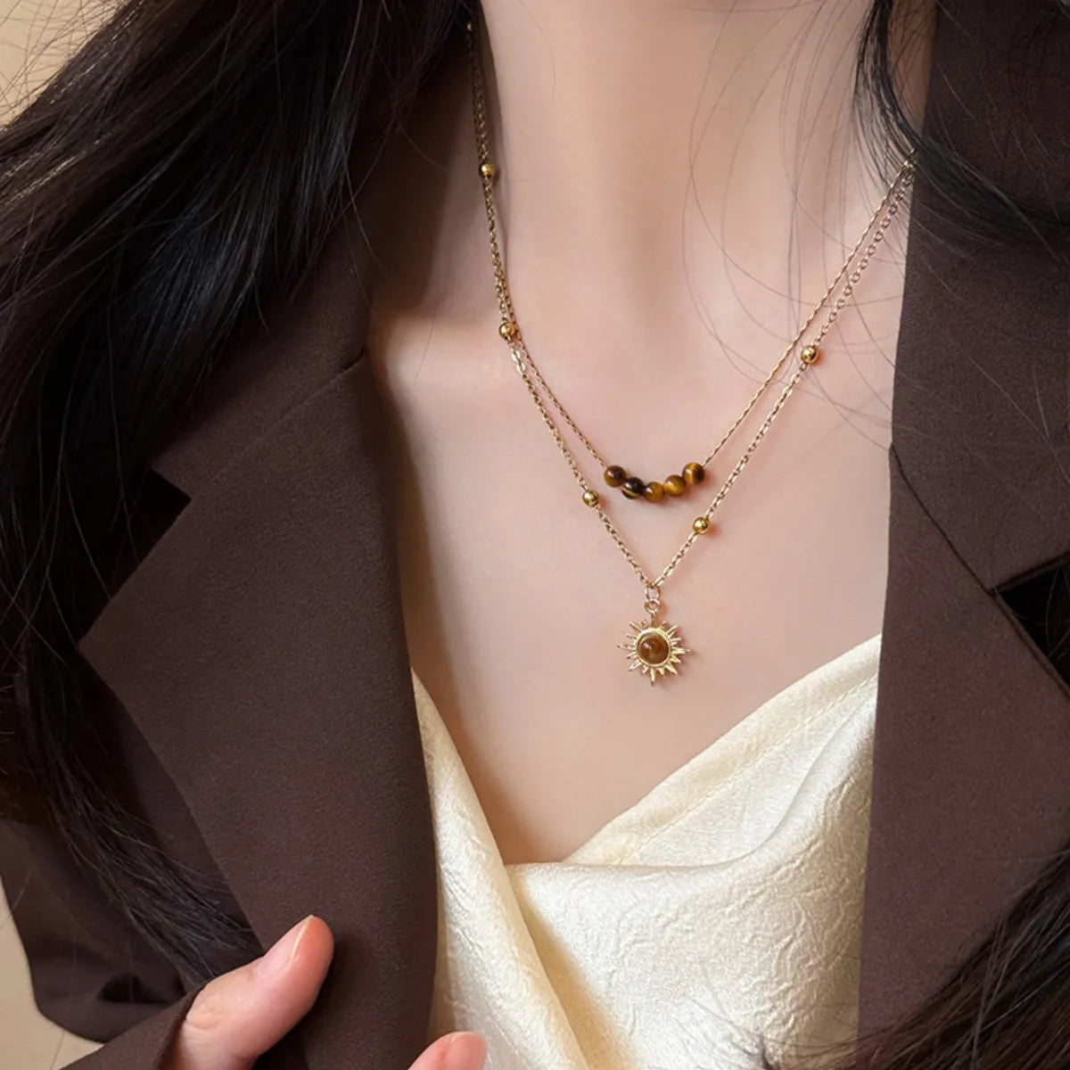 Elegant Tiger's Eye Copper Double Layered Necklace with Gold Plating - 14.6" Chain
