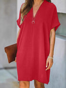 V-Neck Short Sleeves Dress Red