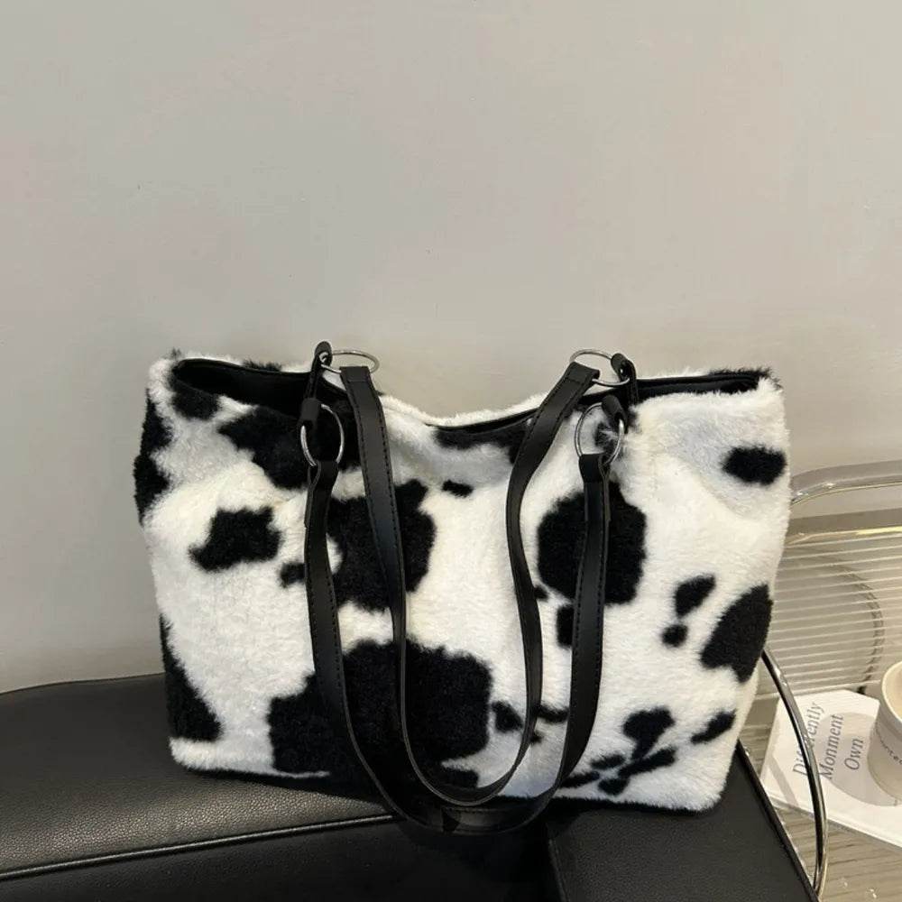 Large Cow Print Furry Tote Bag - Stylish Faux Fur, PU Leather, and Polyester Material - Store 42