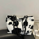 Large Cow Print Furry Tote Bag - Stylish Faux Fur, PU Leather, and Polyester Material - Store 42