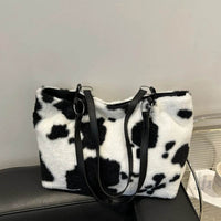 Large Cow Print Furry Tote Bag - Stylish Faux Fur, PU Leather, and Polyester Material - Store 42