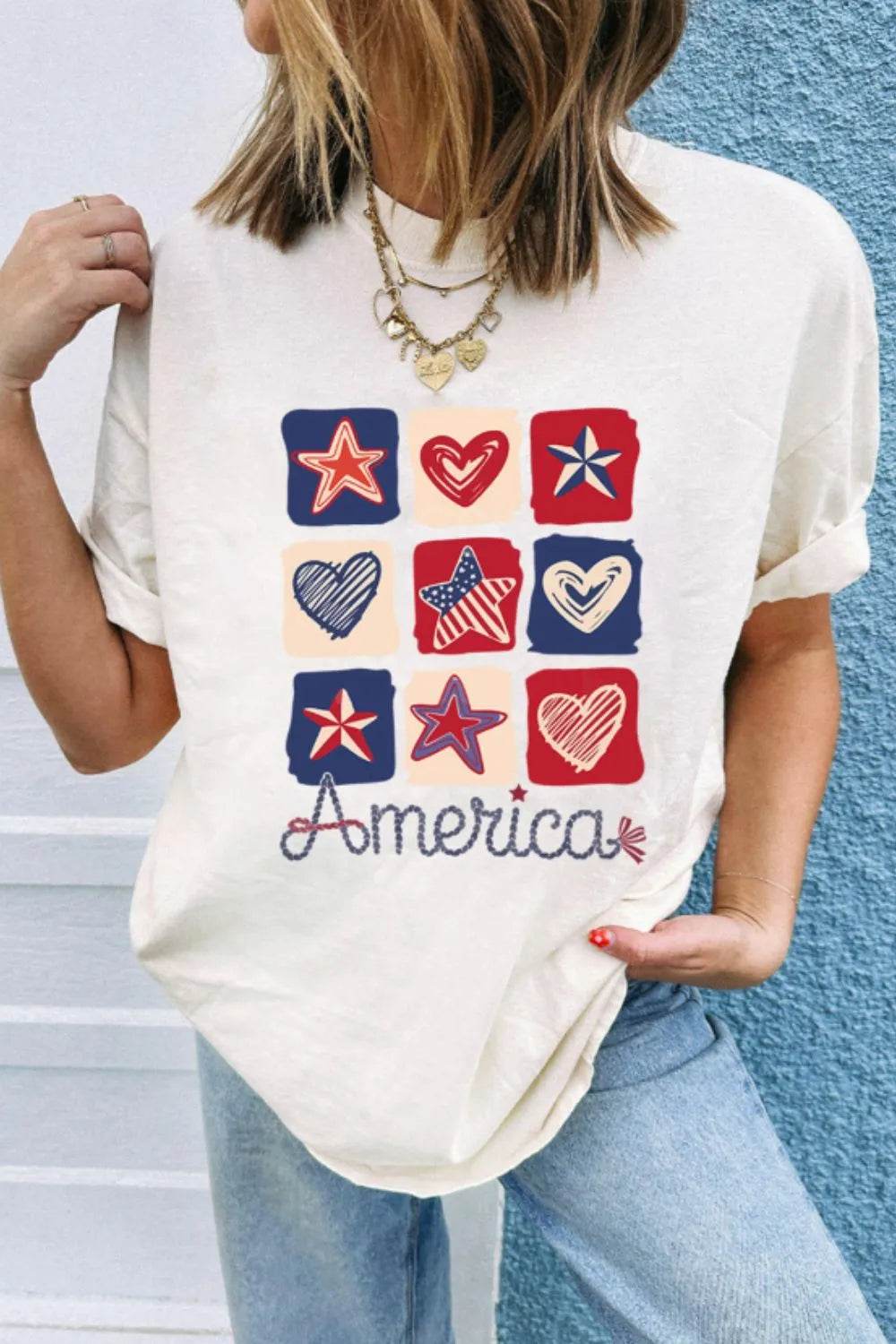 American Heart Star Checkered Graphic Tee for Women - Soft Stretchy Fabric, Casual Style