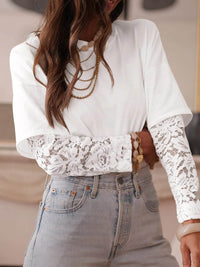 Lace Detailed Long Sleeve Drop Shoulder Tee - Slightly Stretchy Casual Top - Store 42