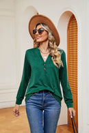 Trendsi Buttoned Notched Neck Long Sleeve Top - Slightly Stretchy Opaque Fabric - Store 42