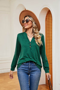 Trendsi Buttoned Notched Neck Long Sleeve Top - Slightly Stretchy Opaque Fabric - Store 42
