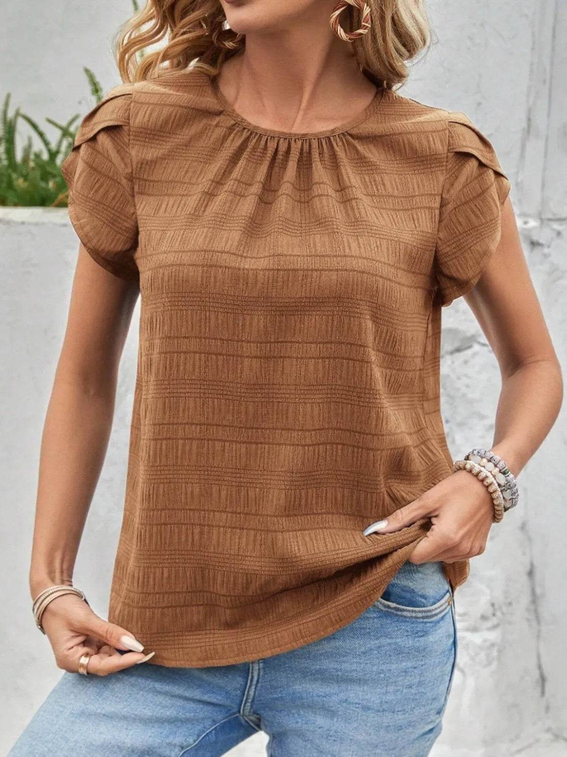 Slightly Stretchy Round Neck Ruched Petal Sleeve Top - 95% Polyester, 5% Spandex - Store 42