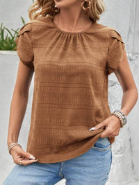 Slightly Stretchy Round Neck Ruched Petal Sleeve Top - 95% Polyester, 5% Spandex - Store 42