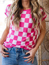 Checkered Cap Sleeve Casual Sweater Top Fuchsia Pink