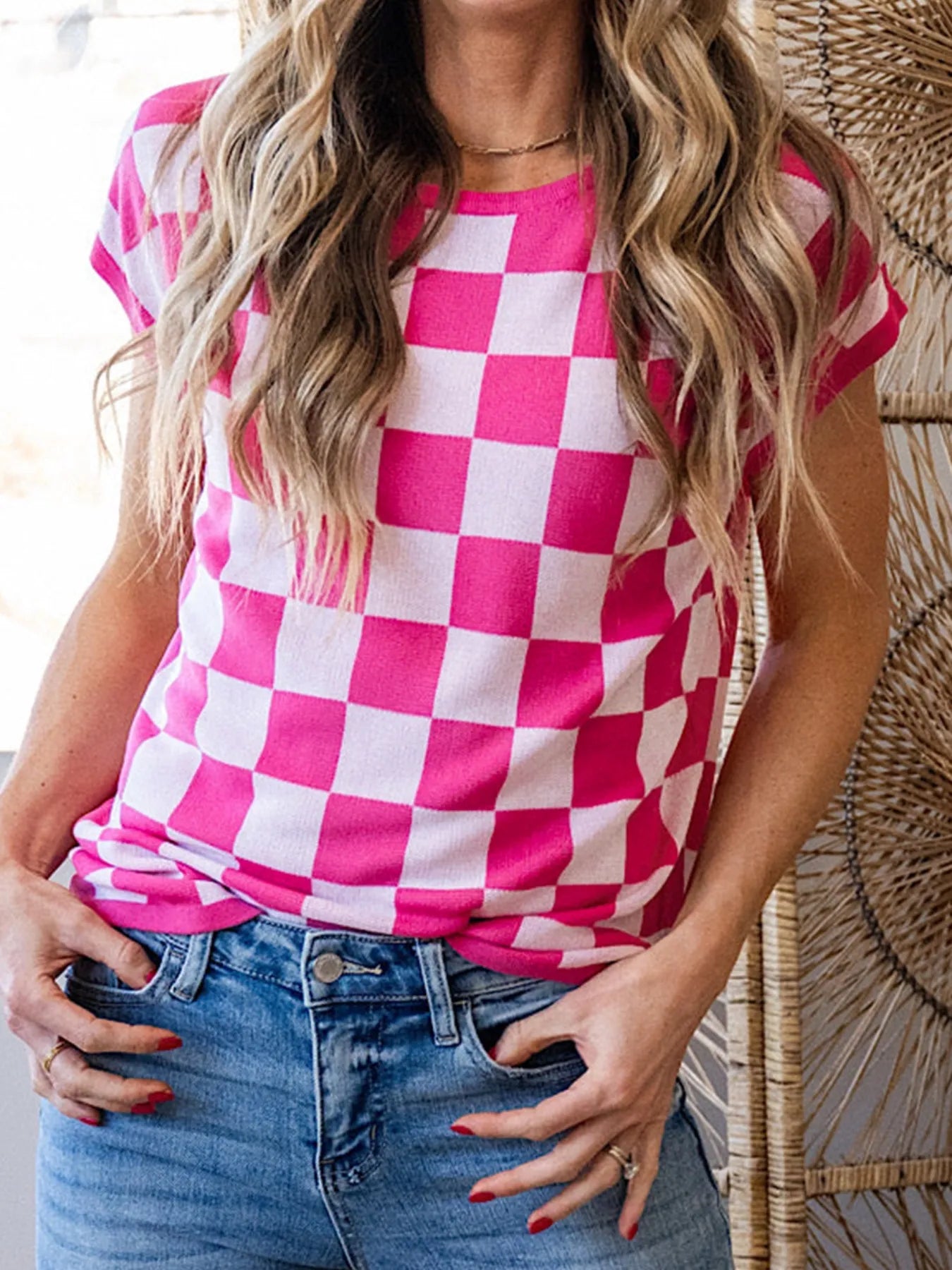 Trendy Checkered Cap Sleeve Casual Sweater Top - Slightly Stretchy Fabric, Comfortable Fit