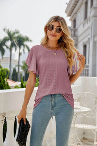Trendsi Eyelet Flutter Sleeve Semi-Sheer Round Neck Casual Top - 100% Polyester - Store 42