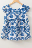 Boho Print Ruffled Cap Sleeve Crew Neck Blouse