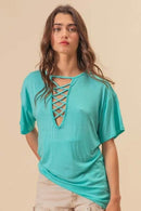 BiBi Jersey Knit Top with Criss Cross Front Neck Detail - Store 42