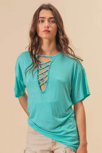 BiBi Jersey Knit Top with Criss Cross Front Neck Detail - Store 42