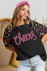BiBi Metallic Letter Spangle Raglan Puff Sleeve Top - Store 42