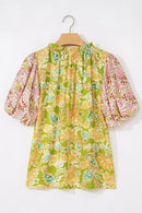 Multicolour Printed Contrast Bubble Sleeve Patchwork Blouse