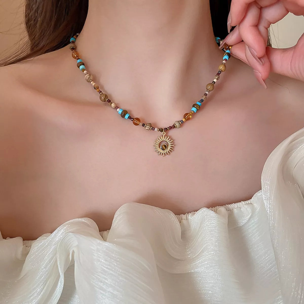 Vibrant Multi-Color Beaded Sunflower Pendant Necklace in 18K Gold-Plated and Natural Stone