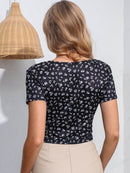 Trendy Floral Surplice Neck V-Neck Short Sleeve Cropped Top - Casual 100% Polyester - Store 42