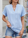 Trendy Eyelet Notched Short Sleeve Top in 65% Rayon - Stylish & Versatile Women's Wear - Store 42