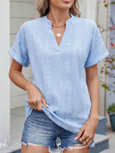 Trendy Eyelet Notched Short Sleeve Top in 65% Rayon - Stylish & Versatile Women's Wear - Store 42