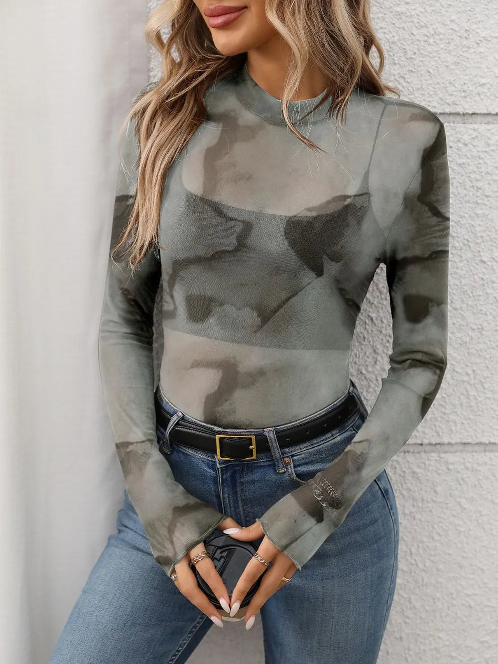 Trendy Printed Mock Neck Long Sleeve Sheer Mesh T-Shirt with Moderate Stretch