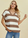 Double Take Full Size Striped V-Neck Short Sleeve Sweater Camel