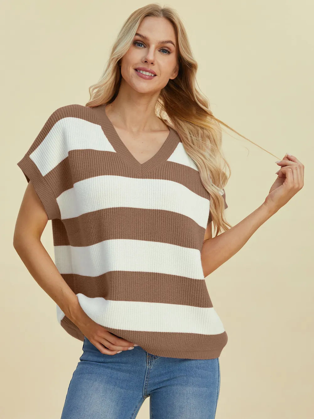 Double Take Full Size Striped V-Neck Short Sleeve Sweater Camel
